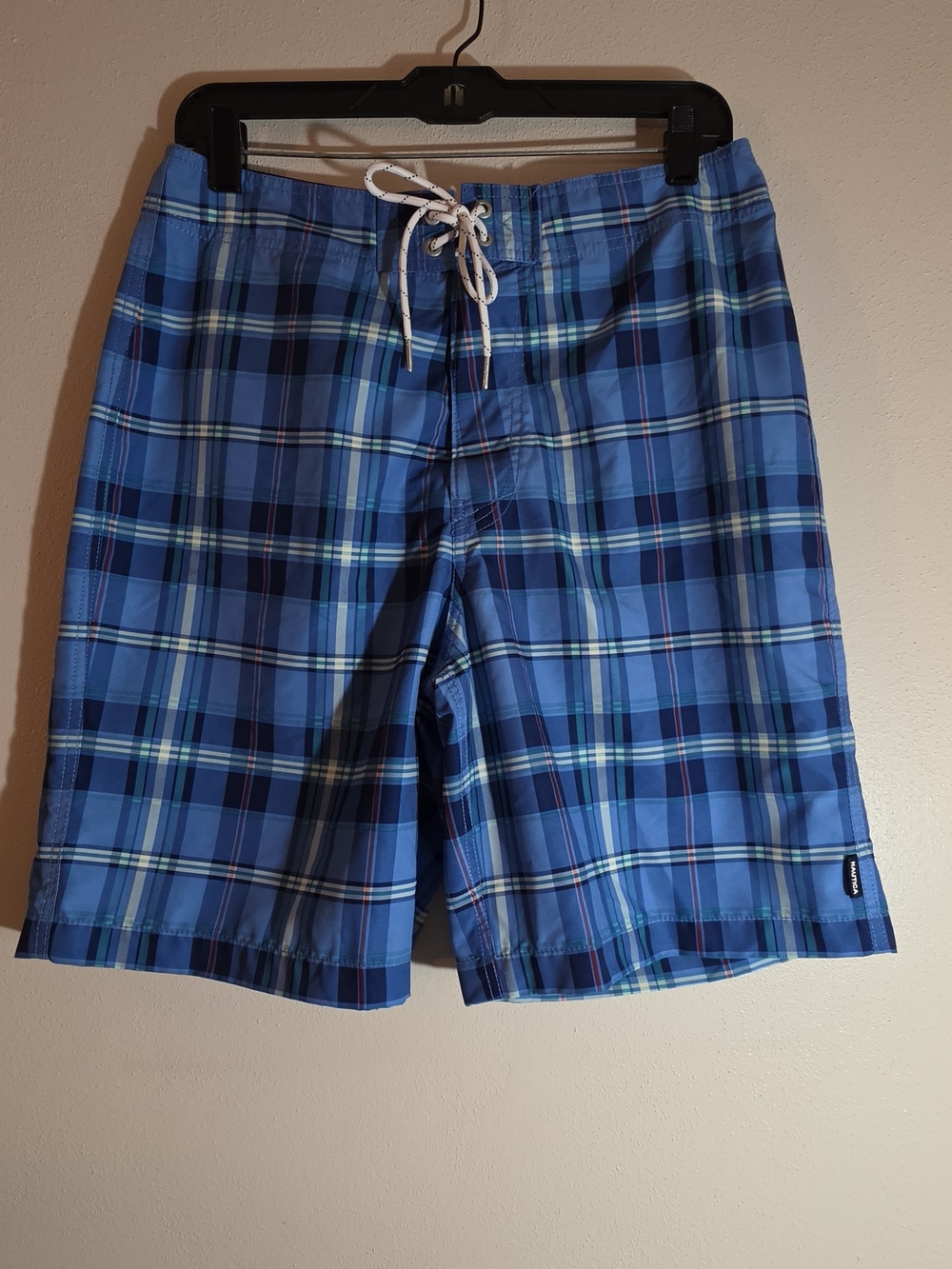 Nautica Blue Plaid Board Shorts with Drawstring Waist